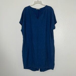 TATUUM 100% Linen Blue Short Sleeve V Neck Barrel Shape Dress EUR Size 42 US 10